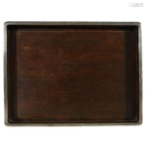 Chinese silver-mounted hardwood tray, 19th/20th century