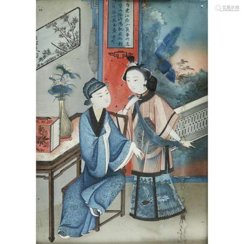 A Chinese reverse glass painting depicting two figures,
