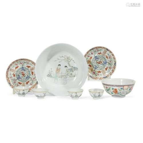 Nine Chinese enameled porcelain dishes, bowls and a