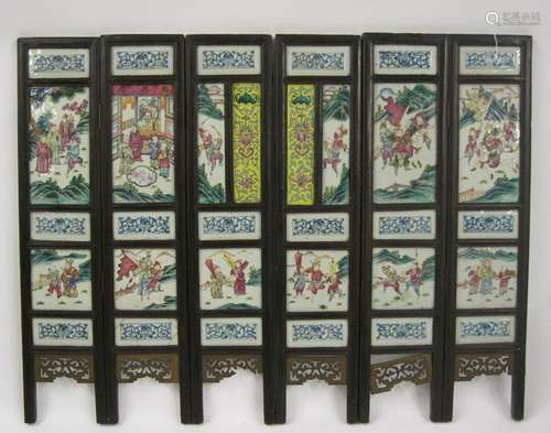 Chinese six panel famille rose porcelain and hardwood