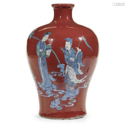 A Chinese red-glazed meiping vase enamel-decorated with