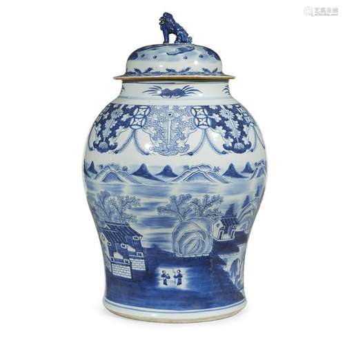 A large Chinese landscape-decorated blue and white