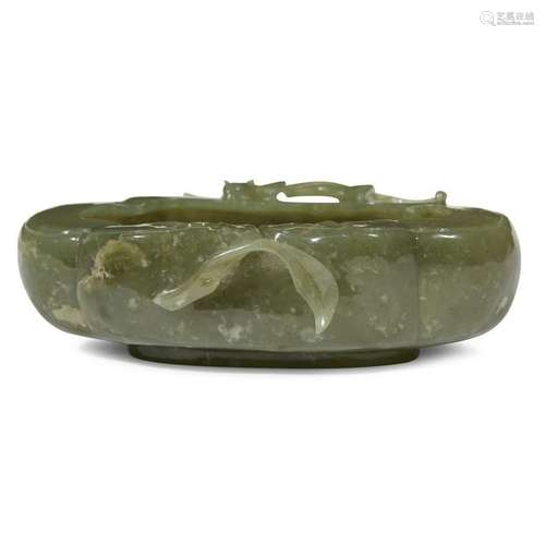 A Chinese carved olive-green jade lobed brushwasher,