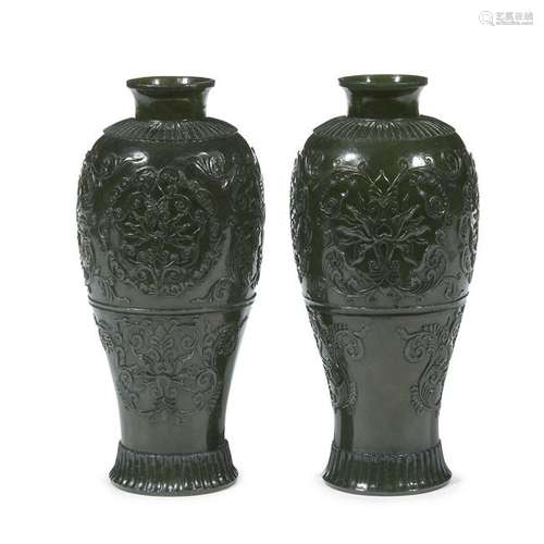 A pair of finely-carved spinach jade baluster vases,