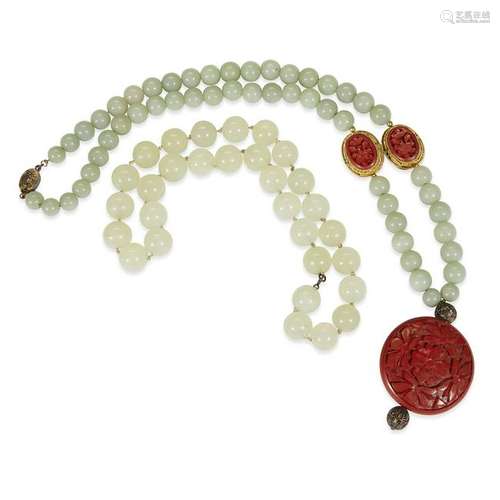 Two strands of hardstone, possibly jadeite, beads,