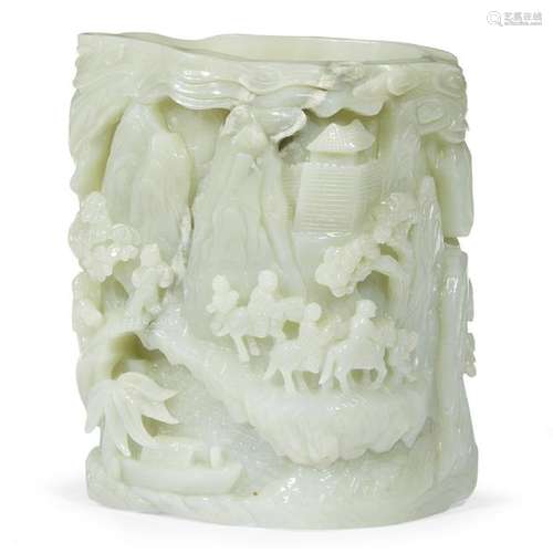 A Chinese carved pale celadon jade brushpot, 20th