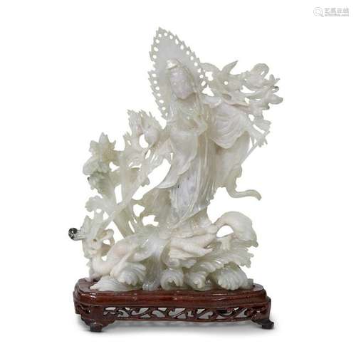 A Chinese hardstone carving of Guanyin and dragon,