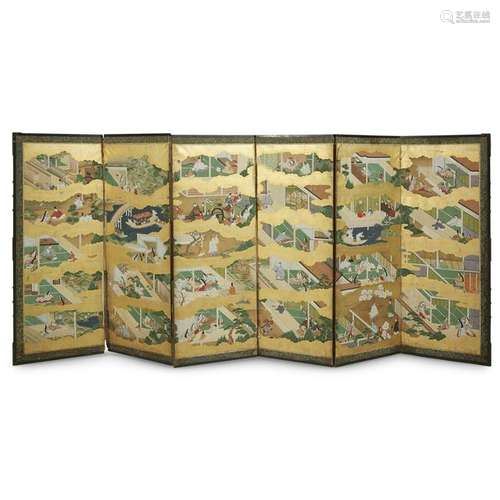 A Japanese six-panel screen depicting various scenes in