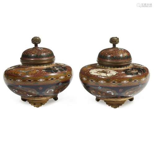 A pair of Japanese cloisonné tripod censers and covers,