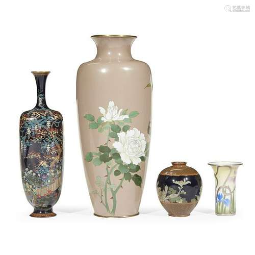 Three Japanese cloisonné vases and a small silver