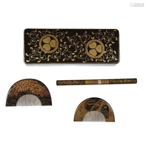 A group of Japanese lacquered items comprising: two