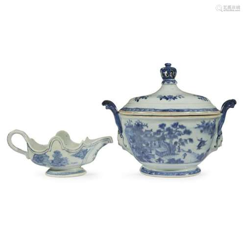 A Chinese blue and white export porcelain tureen and a