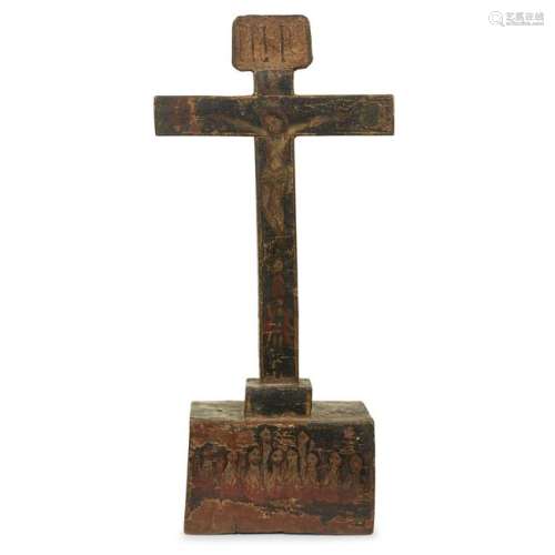 A painted wood crucifix, probably Spanish colonial,