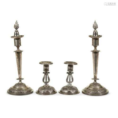Two pairs of Swedish silver Neoclassical candlesticks,