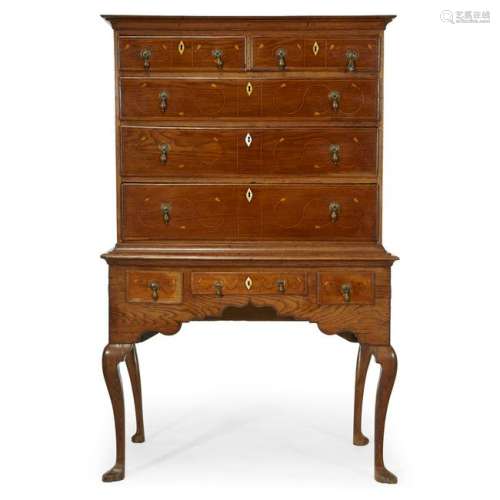 A George II provincial inlaid oak chest on stand, mid