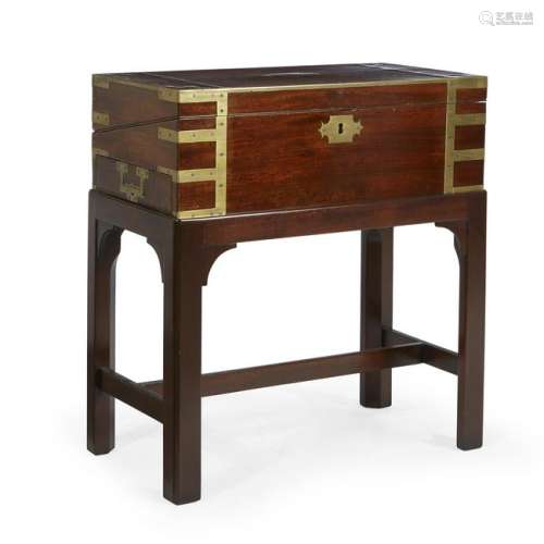 A George III brass-bound mahogany lap desk on stand,