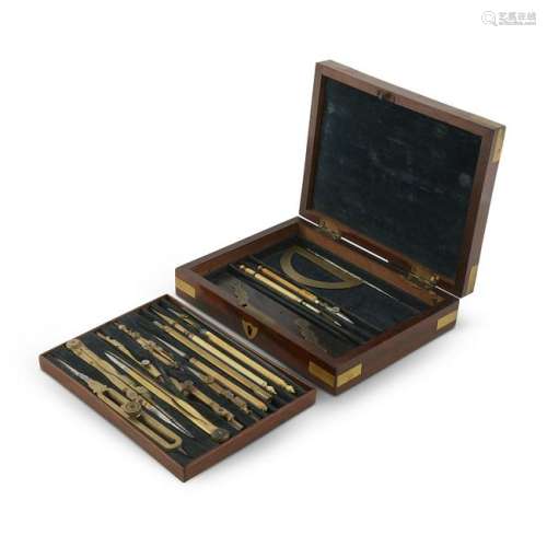 A William IV cased set of brass and steel drafting