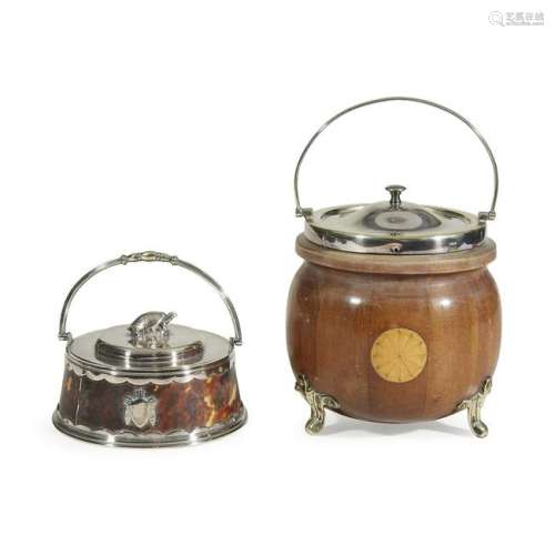 Two English electroplate-mounted tea and ice caddies,