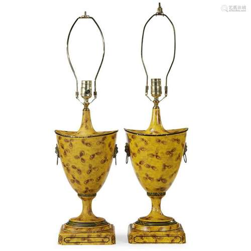 A pair of faux-painted burl tôle style lamps, modern