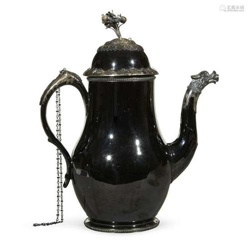 A Belgian silver-mounted blackware coffeepot, Namur,