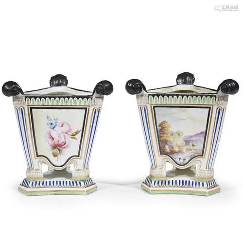 A pair of English creamware triangular vases, circa