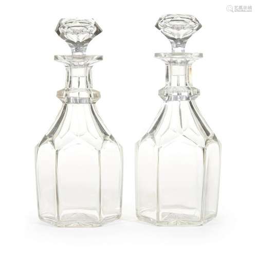 A pair of English glass hexagonal decanters, 19th