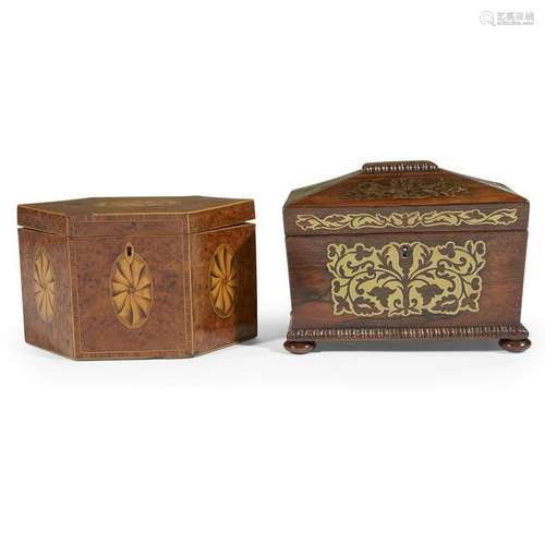 A Regency rosewood and brass inlaid tea caddy, early