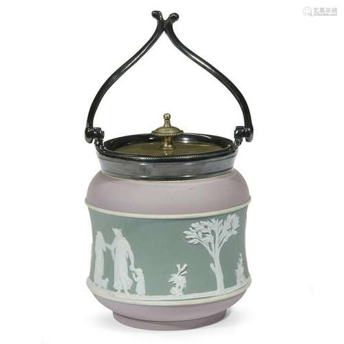 A small Wedgwood lilac and sage jasperware biscuit jar,