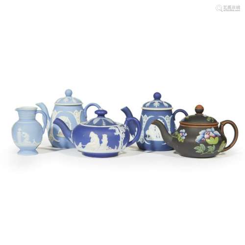 Four miniature Wedgwood jasperware teapots, 19th/20th