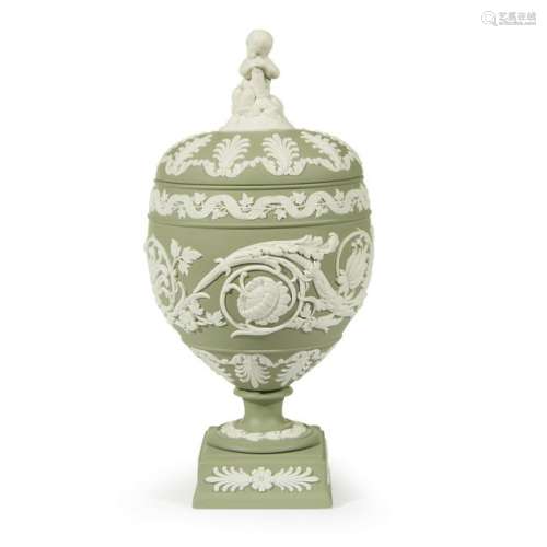 A Wedgwood sage jasperware covered urn, 20th century