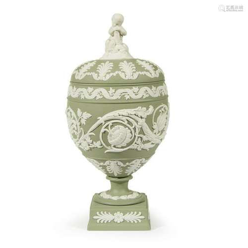 A Wedgwood sage jasperware covered urn, 20th century