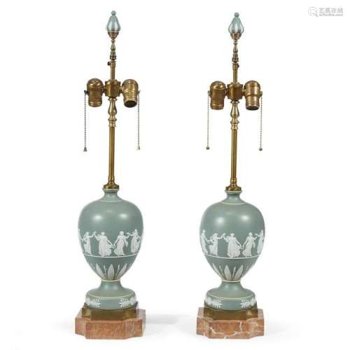 A pair of Wedgwood sage jasper 'Dancing Hours' lamps,