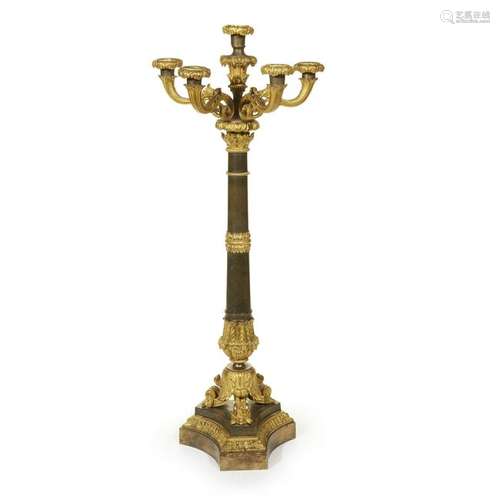 An Empire style gilt and patinated bronze five-light