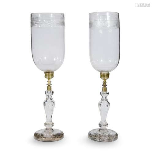 A pair of Baccarat style glass hurricane lamps, 19th