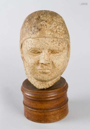 Medieval Stonebust of a male or warrior with cap. …