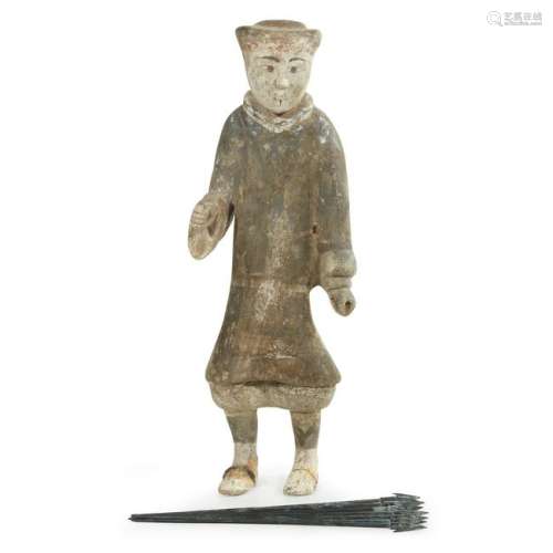 A Chinese painted grey pottery figure of a warrior with