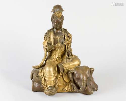 Guanyin sitting on elephant with lotus and bowl in…