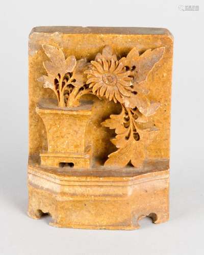 Chinese relief . Vase with flowers on base in half…