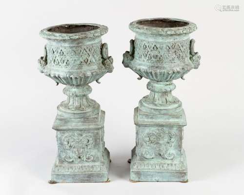 Pair of bronze urn vases on quadratic bases with t…