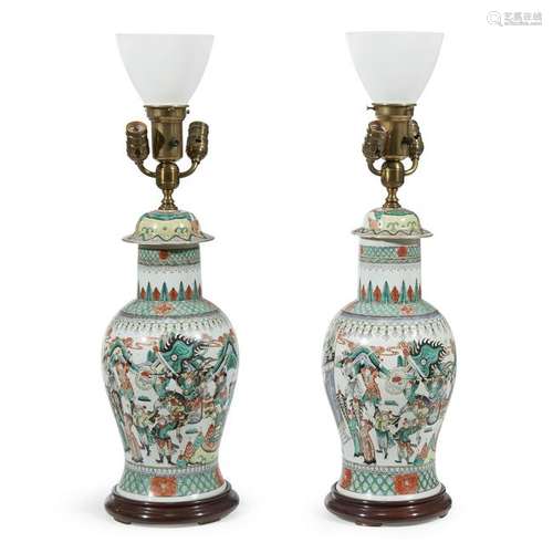 A pair of Chinese famille verte porcelain covered vases