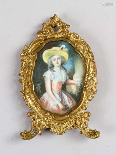 French miniature. Elegant lady with red cap, water…