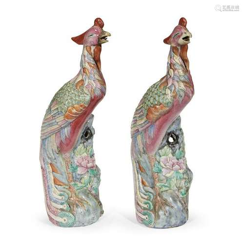 A pair of Chinese enameled porcelain phoenixes.