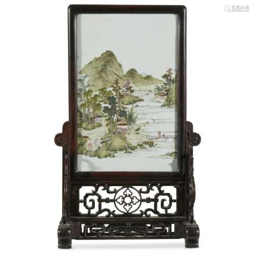 A Chinese enameled porcelain and wood table screen. The