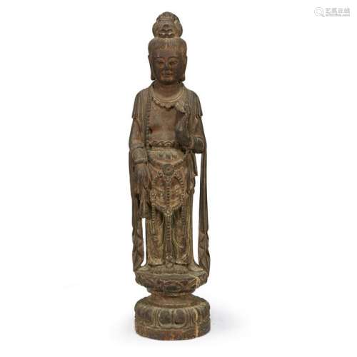 A Chinese carved and painted wood Bodhisattva. Depicted