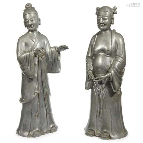 A pair of finely cast and engraved Chinese pewter