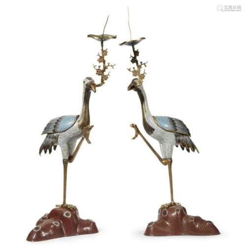 A pair of Chinese cloisonnÃ© cranes 20th century.