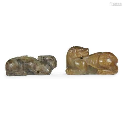 A Chinese carved grey jade deer with bat and a grey and