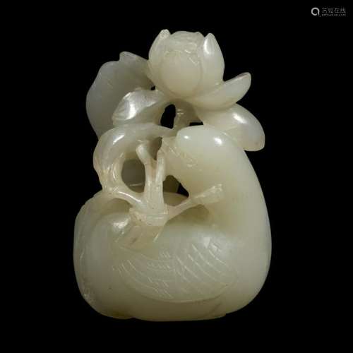 A Chinese white jade carving of a duck bearing a lotus