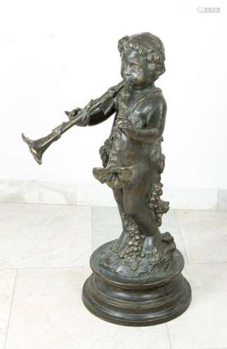 Bronze sculpture, standing boy blowing double pipe…