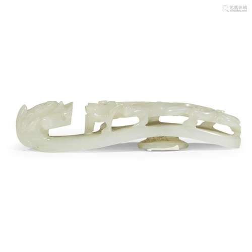 A Chinese pale celadon jade reticulated belt hook qing